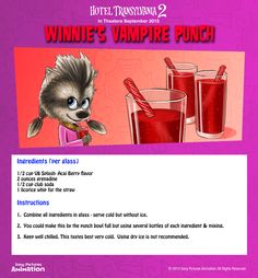 an advertisement for the hotel transsyma 2 vampire punch game, featuring a cartoon character and two glasses of red liquid