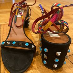 Beautiful And Rare Black Suede Studded Valentino Open Toe Block Heel 2.50”. Gorgeous Faux Turquoise Stone Detail And Native American Embroidered Straps To Wrap Around Your Ankle. Only Worn Once! Looks Brand New And Super Sexy On! Box Included Vintage Valentino, Black Block Heels, Valentino Black, Turquoise Stone, Wrap Around, Black Suede, Shoes Women Heels, Block Heels, Open Toe