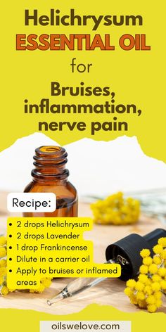 Helichrysum Essential Oil - natural pain relief. Works for: Bruises, inflammation, nerve pain Recipe for Relief: Blend 2 drops Helichrysum, 2 drops Lavender, 1 drop Frankincense. Dilute in a carrier oil and apply to bruises or inflamed areas. Helichrysum Essential Oil Blends, Helichrysum Essential Oil Benefits, Essential Oil For Pain Relief, Nerve Pain Essential Oils, Essential Oils For Inflammation, Pain Relief Essential Oils, Recipes To Try At Home, Esential Oils, Roller Blends