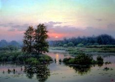 a painting of the sun setting over a lake with trees and water lillies in it