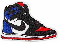 a pair of sneakers with red, white and blue accents