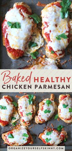 baked healthy chicken parmesan on a baking sheet with text overlay that reads baked healthy chicken parmesan