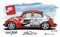 a red and white car with the word nike on it