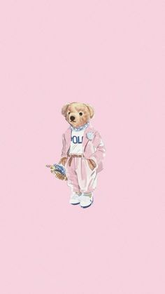 a painting of a teddy bear dressed in pajamas and holding a toy on a pink background