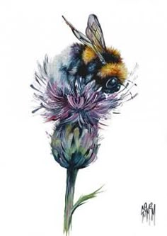 a painting of a bee sitting on top of a purple flower with watercolors