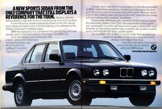 an advertisement for the new bmw sports sedan from the 1990s, featuring a black car