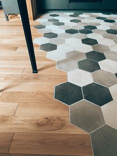 a kitchen floor with hexagonal tiles on it