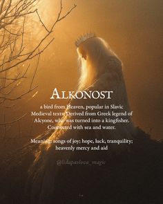 an image of a bird with the words alkonost on it's back