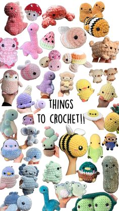 there are many crocheted animals and birds in this photo with the words things to crochet