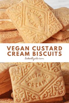 vegan custard cream biscuits stacked on top of each other with text overlay