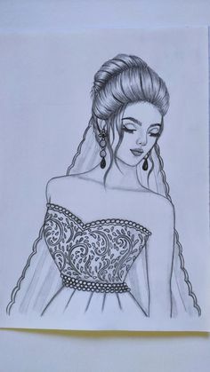 a drawing of a woman in a wedding dress with braids on her hair and wearing earrings