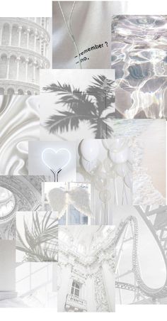 the collage is made up of many different things in white and grey tones, including palm trees