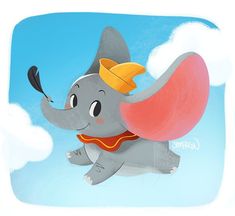 an elephant flying through the air with a red and yellow hat on it's head