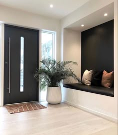 a potted plant sitting on top of a wooden floor next to a black door