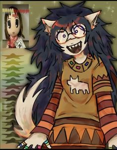 an animal with long hair and glasses is standing in front of a cartoon character that appears to be smiling