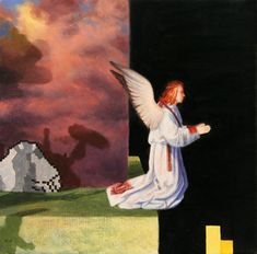 an angel kneeling down in front of a painting with clouds and rocks behind it,