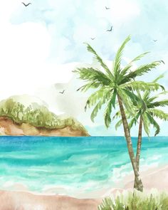 watercolor painting of palm trees on the beach