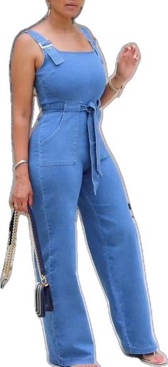 Non-stretch Denim Jumpsuit For Summer, Trendy Blue Denim Jumpsuit For Day Out, Casual Non-stretch Solid Jumpsuits And Rompers, Casual Non-stretch Jumpsuits And Rompers In Solid Color, Trendy Wide Leg Jumpsuits And Rompers For Day Out, Casual Blue Wide Leg Jumpsuits And Rompers, Casual Blue Wide-leg Jumpsuits And Rompers, Chic Denim Jumpsuits And Rompers For Summer, Chic Summer Medium Wash Denim Jumpsuit