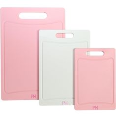 three pink and white cutting boards with the word ph on one side, two are shown