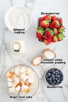 ingredients to make strawberry shortcakes on a marble countertop with text overlay