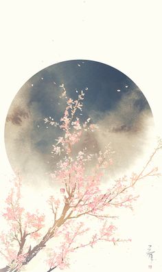 a tree with pink flowers in the foreground and a full moon in the background