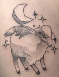 a black and white tattoo of a sheep with wings