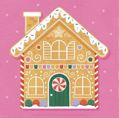 a gingerbread house on a pink background