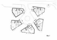 the floor plan for an apartment building with three floors and four rooms, all in black and white