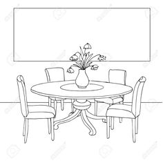 a drawing of a dining room table with chairs and a vase filled with flowers on it