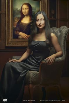 a woman with long hair sitting in a chair next to a painting on the wall