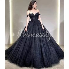 Princess Sweetheart Off Shoulder Glitter Black Tulle Wedding Dress - Princessly Vampire Oc, Black Wedding Dress Gothic, Black Lace Prom Dress, Glitter Wedding Dress, Black Ball Gown, Gothic Wedding Dress, Sweetheart Prom Dress, Black Prom Dress, Black Prom