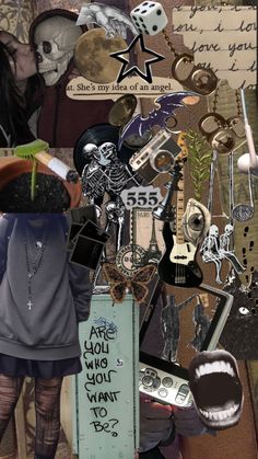 a collage of various items including a guitar, skull head and other things in the background