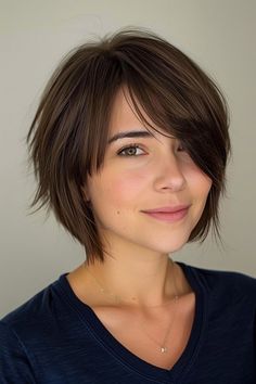 The cutest slightly angled bob for thin hair Mom Haircuts Short, Chin Length Hair With Layers Straight, Short French Bob With Bangs Fine Hair, Short Hair For Plus Size, Short Layered Bobs, Best Haircuts, Short Wavy Hair