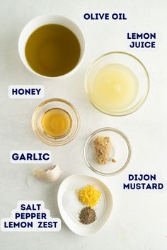 ingredients to make lemon tea on a white surface with blue lettering that says, honey, garlic, salt, lemon zest