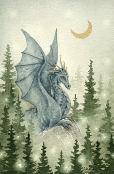 a watercolor painting of a dragon flying over trees