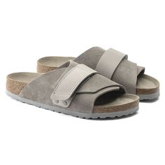 Kyoto Nubuck Leather/Suede Stone Coin Birkenstock, Birkenstock Kyoto, Birkenstock Styles, How To Make Shoes, Nubuck Leather, Mens Sandals, Velcro Straps, Soft Suede, Compact Design