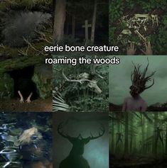 there are many different pictures with the words eerie bone creature roaming the woods on them