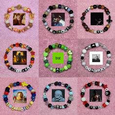 six different bracelets with pictures and words on them, all arranged in the same circle