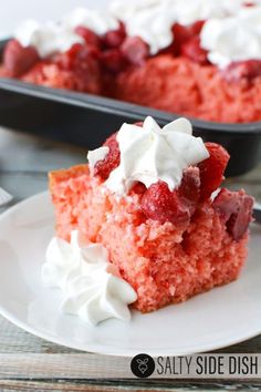 a slice of strawberry poke cake on a plate