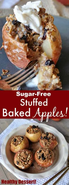 some baked apples are on a plate with a fork