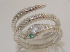 Fabulous Solid 9K White Gold Natural Emerald & Diamond Snake Band Wrap Ring - Choose from Yellow, Ro Wrap Ring, Wrap Rings, Natural Emerald, Precious Gemstones, Emerald Diamond, Yellow Rose, Pink Tourmaline, Solid 925 Sterling Silver, Diamond White