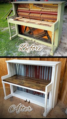 before and after photos of an old piano turned into a coffee table with storage space