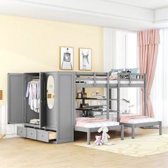 a bedroom with bunk beds and dressers in it