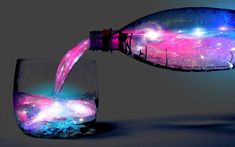 a bottle pouring water into a glass filled with liquid and stars in the sky inside