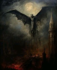 a painting of a demon with wings flying over a city