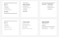 four different business cards with black and white text on them, each one has an image of