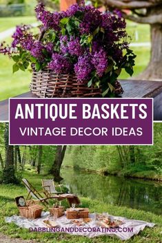 an old basket filled with purple flowers sitting on top of a picnic table