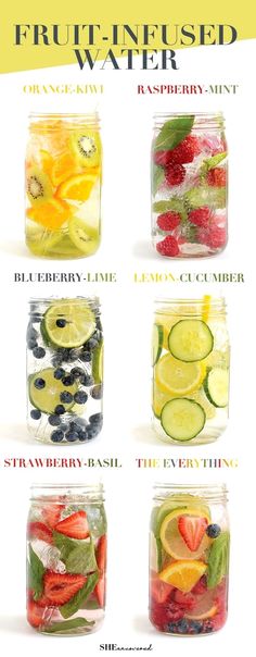 an image of fruit infused water in mason jars with raspberry lime lemon cucumber