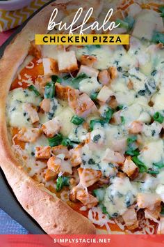 a chicken pizza with cheese and spinach on it