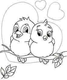 two birds sitting on a branch with hearts in the background coloring pages for kids and adults